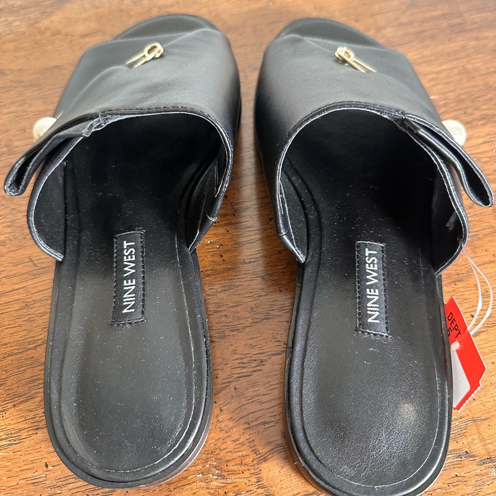 Nine West Black Slide Sandals with Gold Pin Accent - Picture 4 of 5